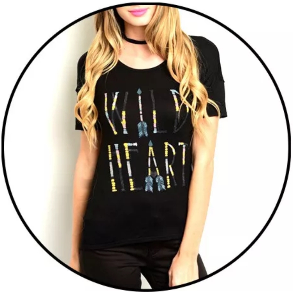 🆕 WILD HEART Black T-Shirt Juniors S M L Feather Hippie Boho Top Shirt Tee USA